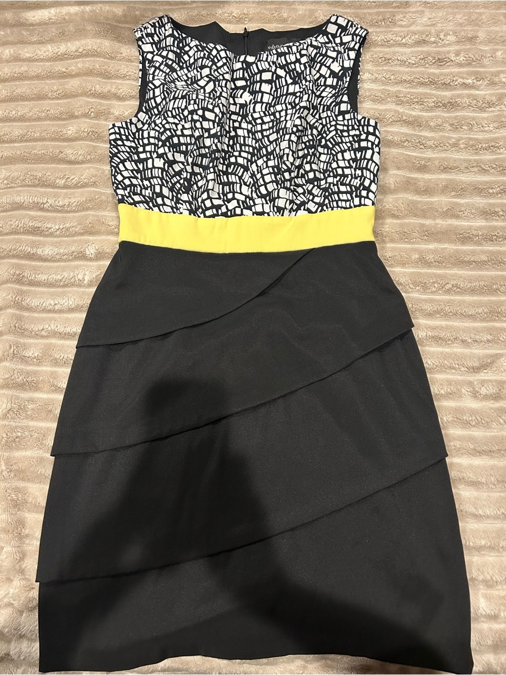 connected apparel Black & White Patterned Midi Dress with Yellow Waistband